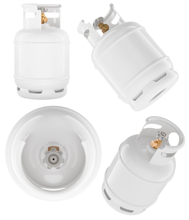 Set of realistic white propane gas cylinders, various angles. 3D rendering isolated on white background
