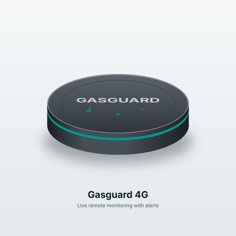 Dispositivo Gasguard 4G con franja azul verdosa, forma circular oscura con el logo blanco y luces indicadoras