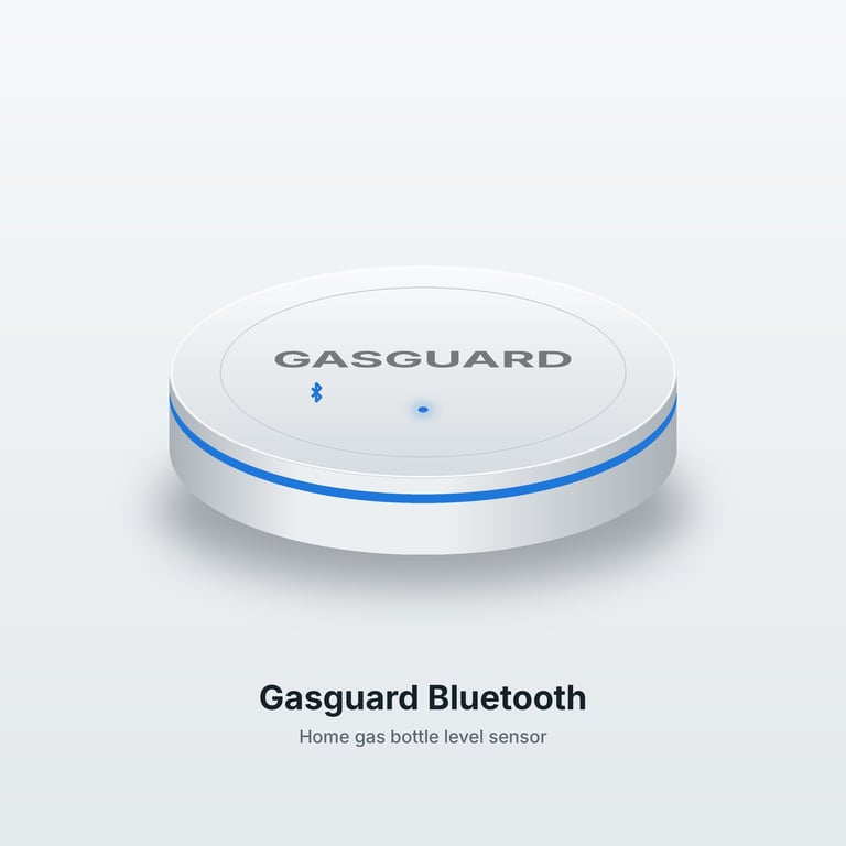 Sensor Bluetooth Gasguard para bombonas de gas en el hogar, con diseño circular blanco y franja azul