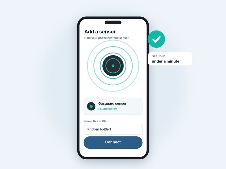 Interfaz de la app móvil mostrando la pantalla Añadir un sensor con el icono de cámara, la opción de sensor Geosquad y el botón Conectar para la configuración