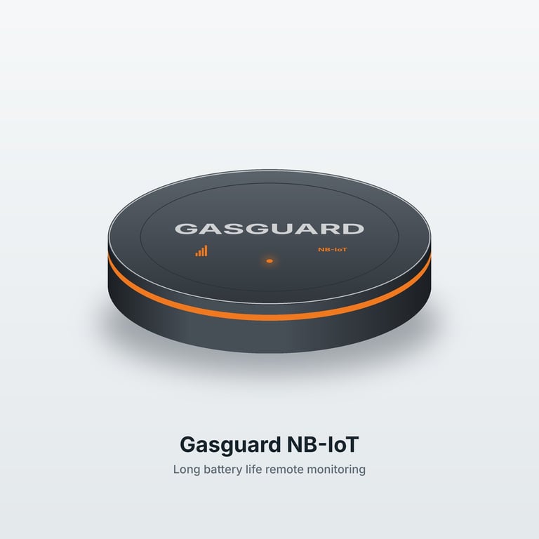 Dispositivo Gasguard NB-IoT con diseño de disco gris oscuro y banda naranja, con capacidad de monitorización remota